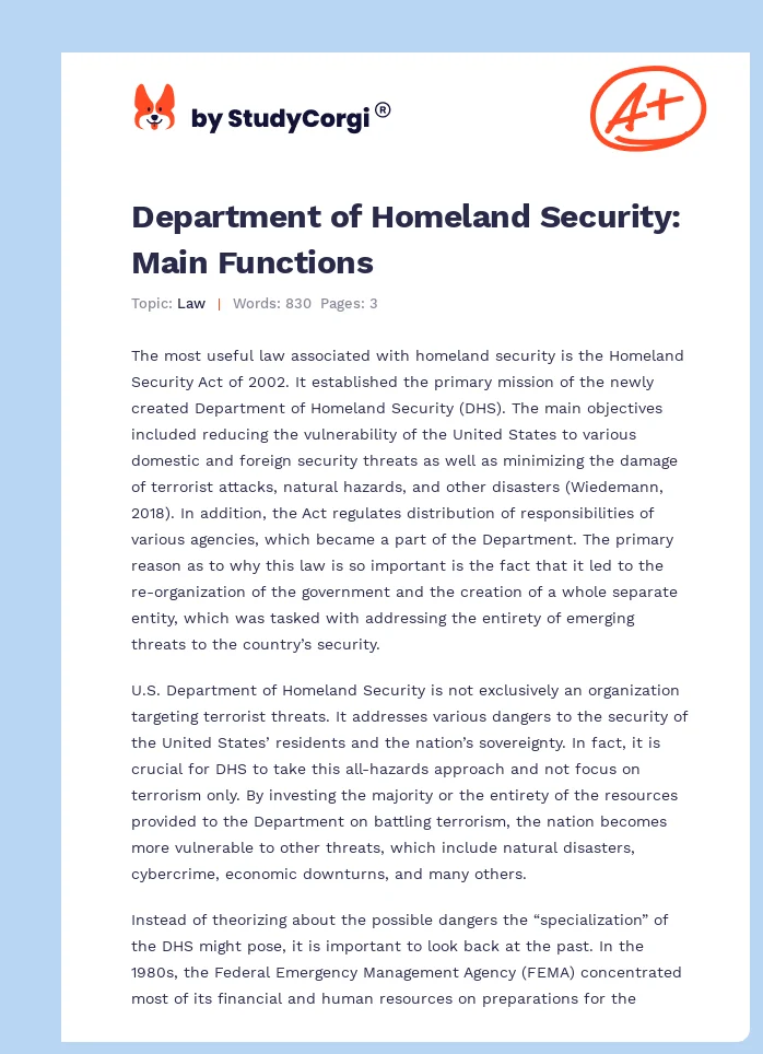 Department of Homeland Security: Main Functions. Page 1