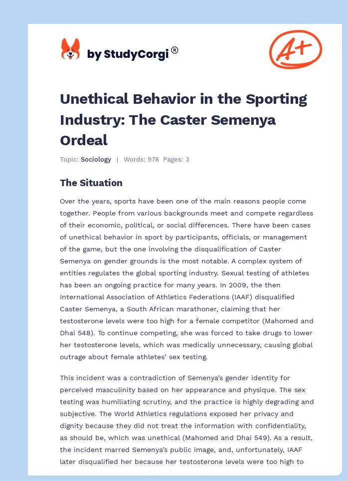 Unethical Behavior in the Sporting Industry: The Caster Semenya Ordeal. Page 1