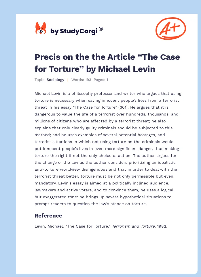 Precis on the the Article “The Case for Torture” by Michael Levin. Page 1