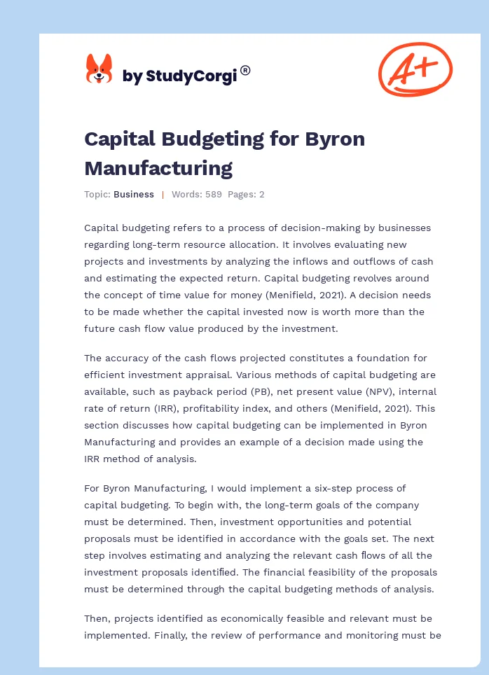 Capital Budgeting for Byron Manufacturing. Page 1