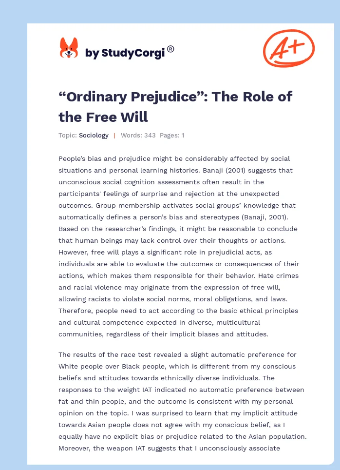 “Ordinary Prejudice”: The Role of the Free Will. Page 1