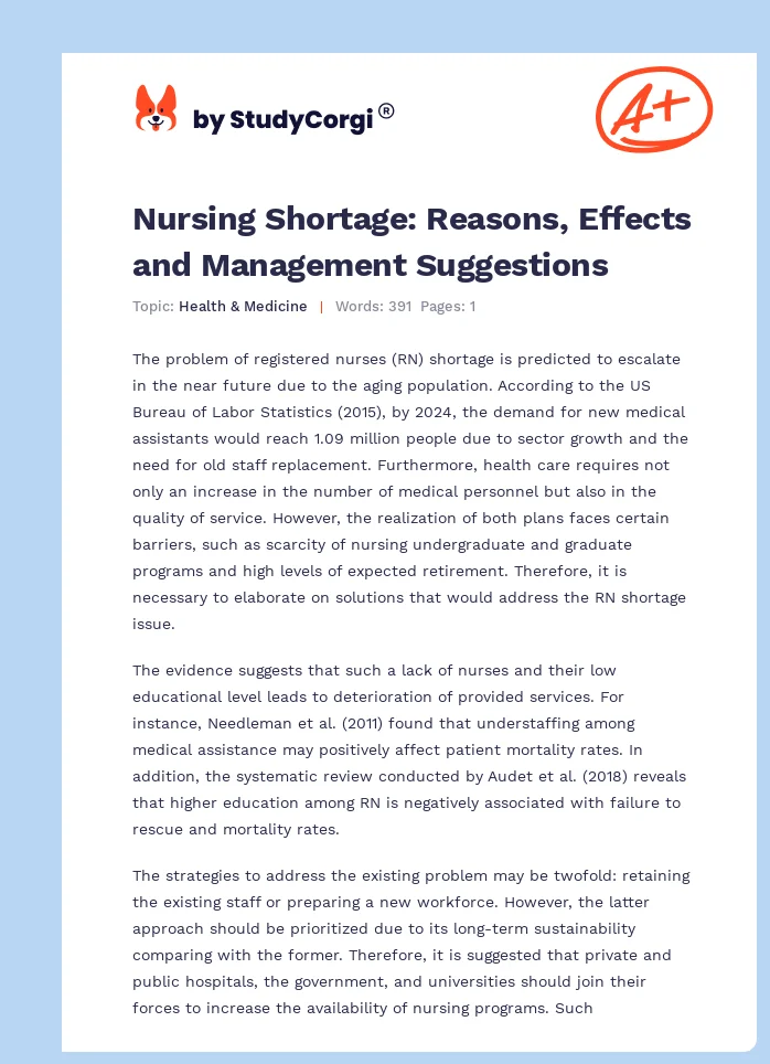 Nursing Shortage: Reasons, Effects and Management Suggestions. Page 1