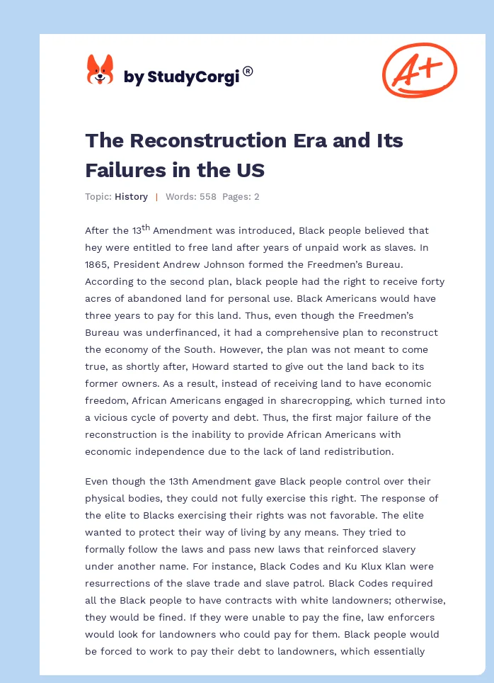 The Reconstruction Era and Its Failures in the US. Page 1