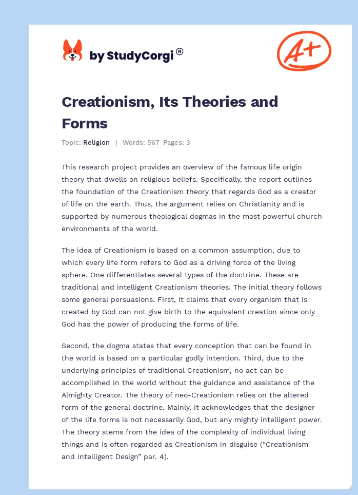 Creationism, Its Theories and Forms. Page 1