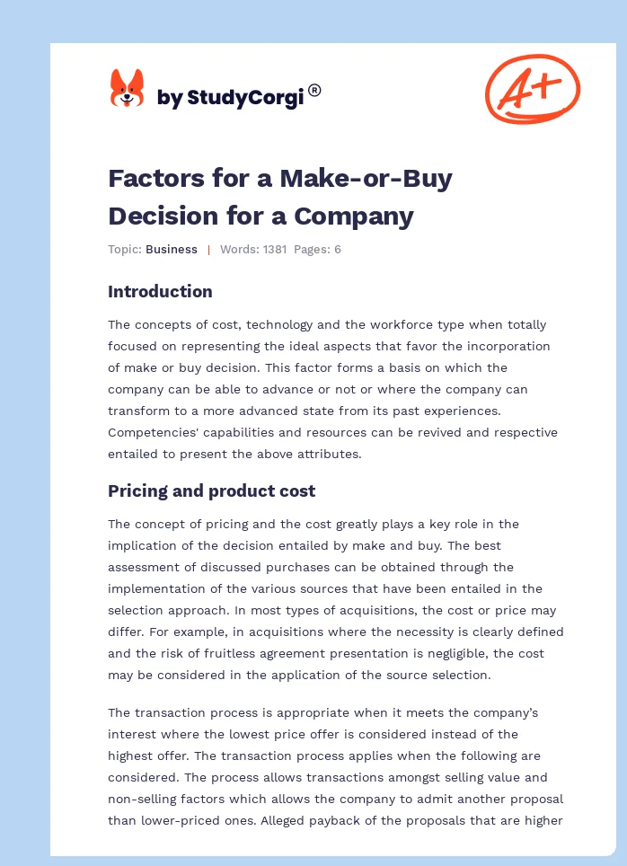 Factors for a Make-or-Buy Decision for a Company. Page 1