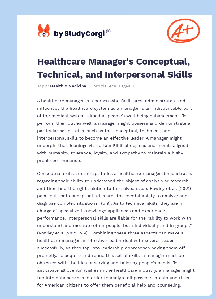 Healthcare Manager's Conceptual, Technical, and Interpersonal Skills. Page 1