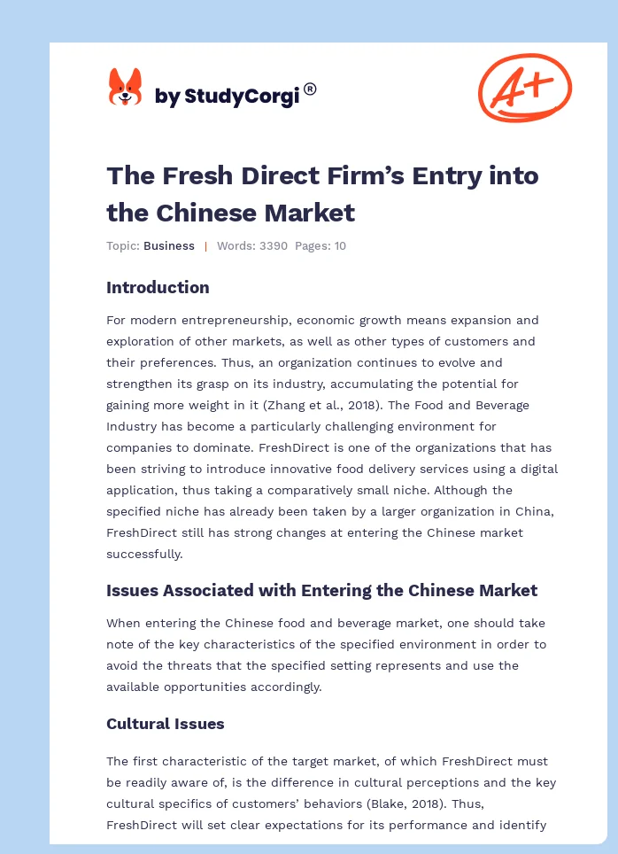 The Fresh Direct Firm’s Entry into the Chinese Market. Page 1