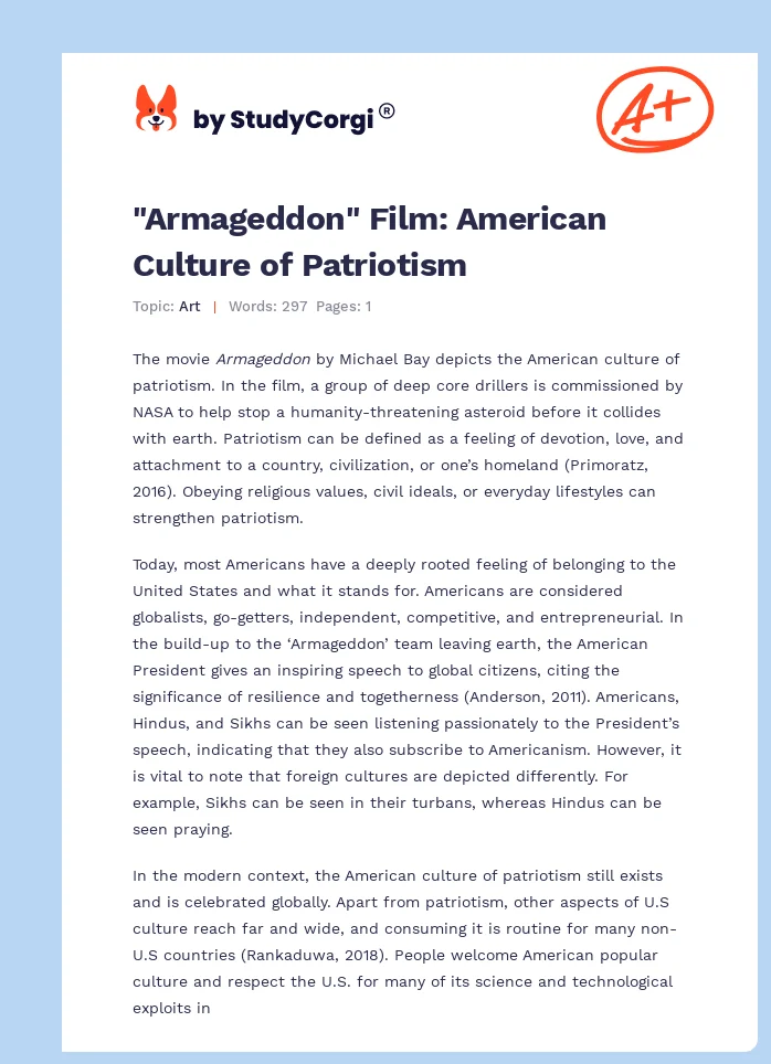 "Armageddon" Film: American Culture of Patriotism. Page 1