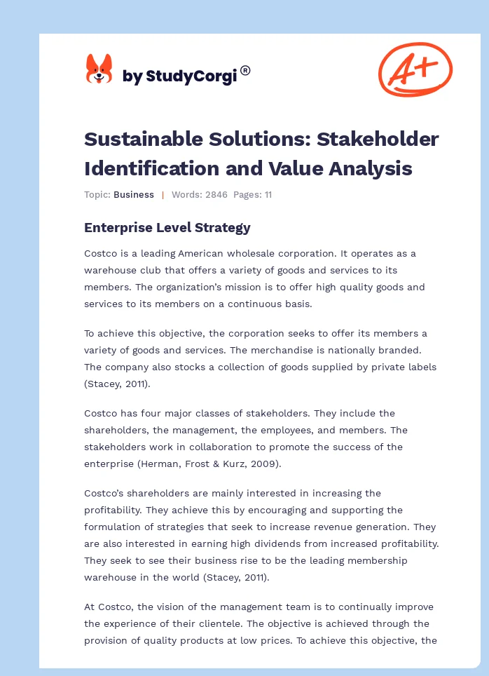Sustainable Solutions: Stakeholder Identification and Value Analysis. Page 1