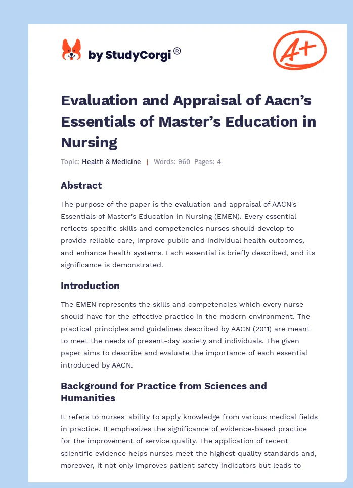 Evaluation and Appraisal of Aacn’s Essentials of Master’s Education in Nursing. Page 1
