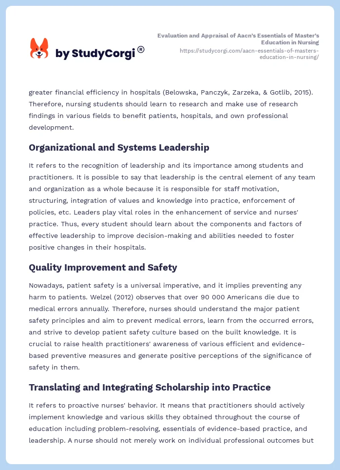Evaluation and Appraisal of Aacn’s Essentials of Master’s Education in Nursing. Page 2