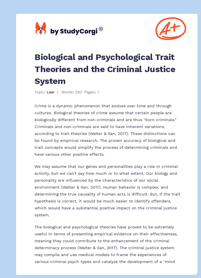 Biological and Psychological Trait Theories and the Criminal Justice System. Page 1