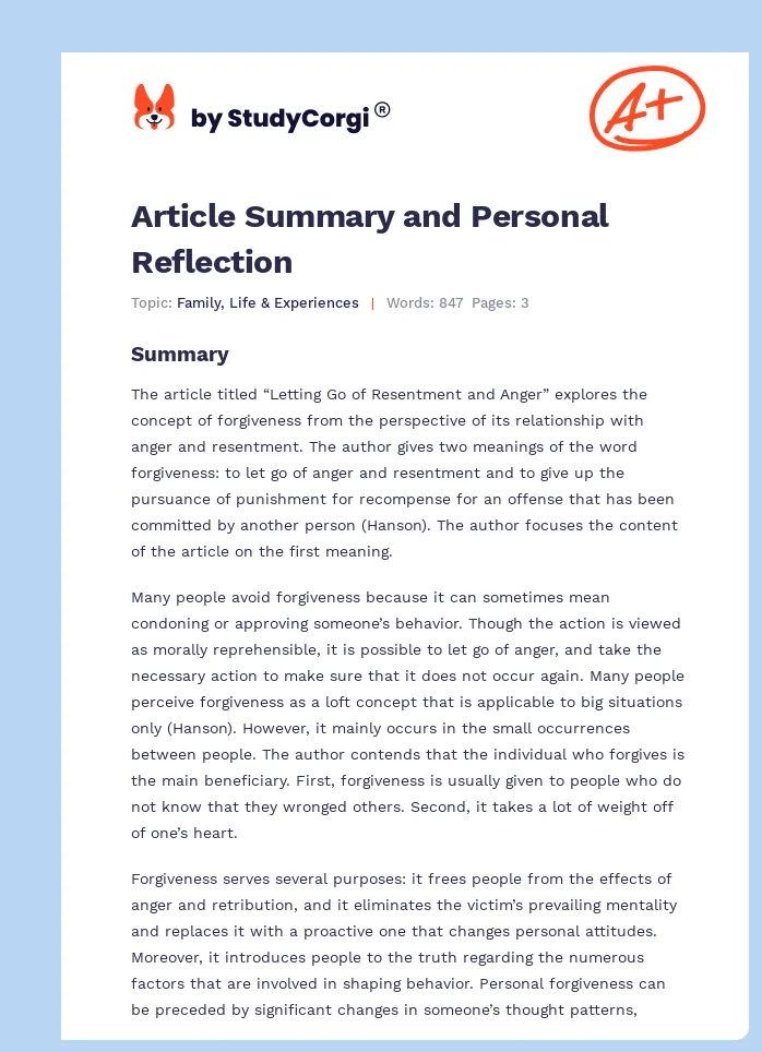 Article Summary and Personal Reflection. Page 1