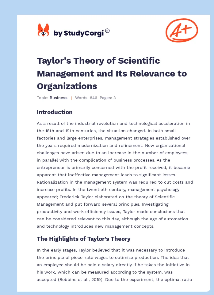 Taylor’s Theory of Scientific Management and Its Relevance to Organizations. Page 1