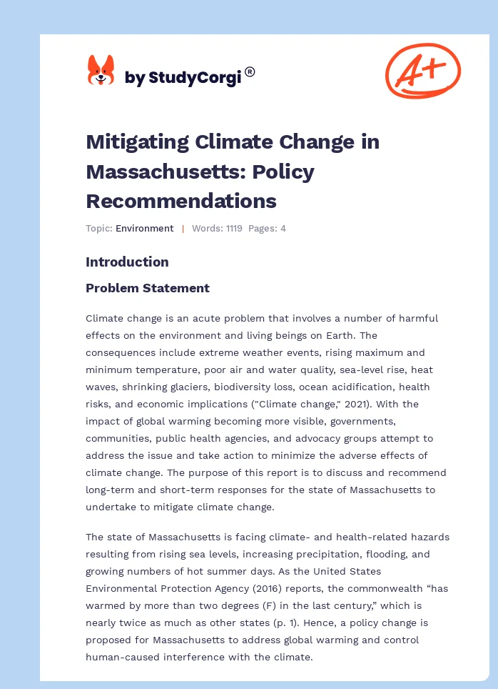 Mitigating Climate Change in Massachusetts: Policy Recommendations. Page 1