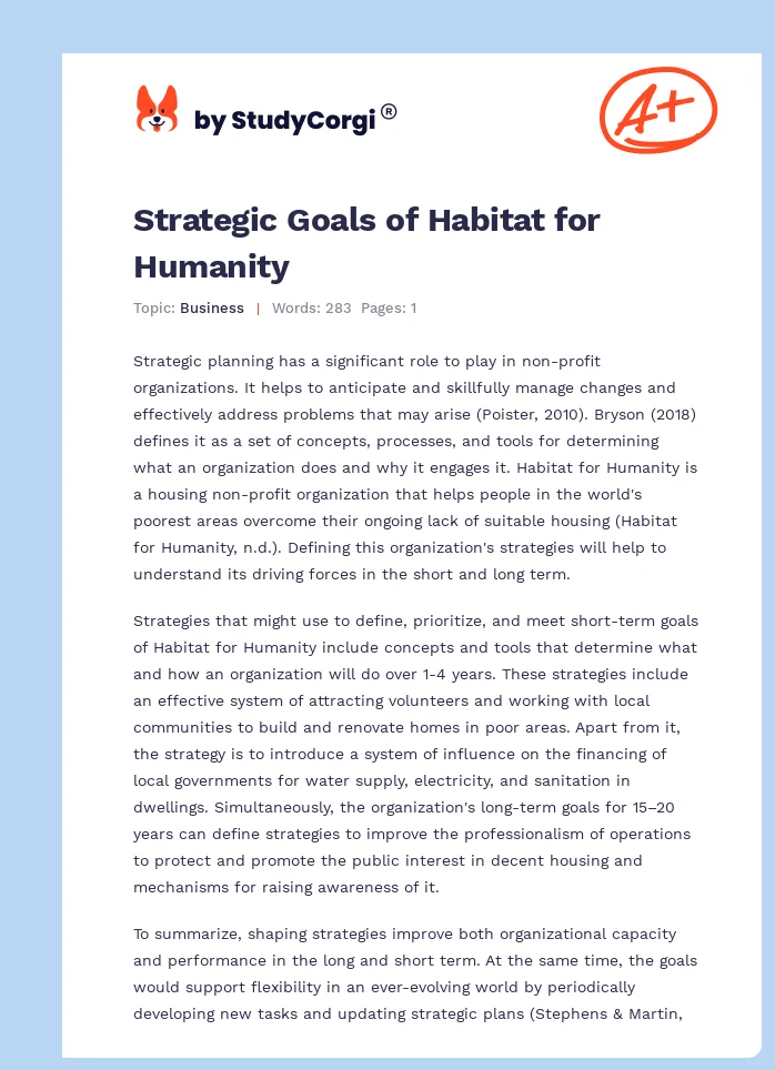 Strategic Goals of Habitat for Humanity. Page 1