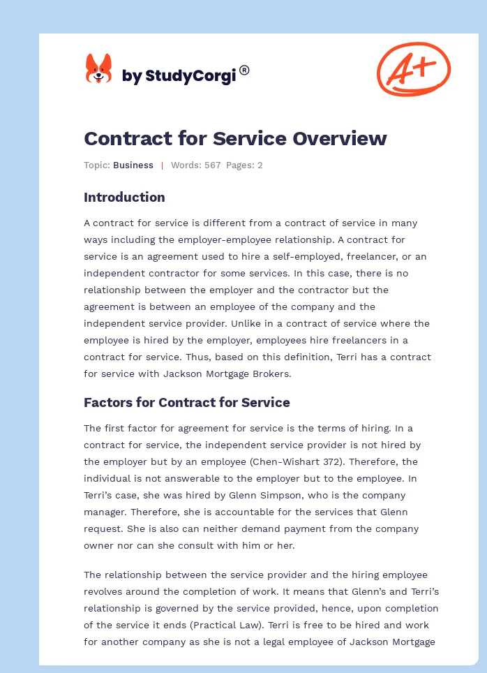 Contract for Service Overview. Page 1