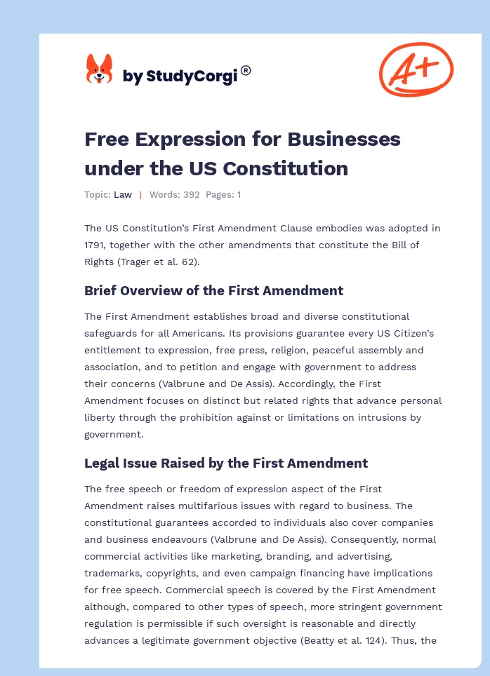 Free Expression for Businesses under the US Constitution. Page 1