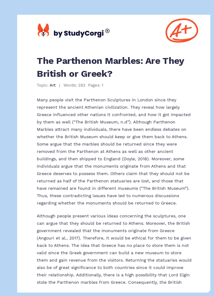 The Parthenon Marbles: Are They British or Greek?. Page 1