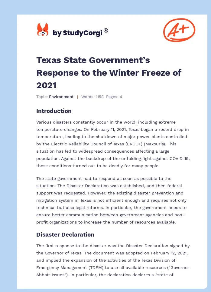 Texas State Government’s Response to the Winter Freeze of 2021. Page 1