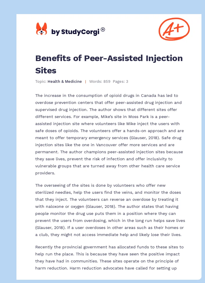 Benefits of Peer-Assisted Injection Sites. Page 1