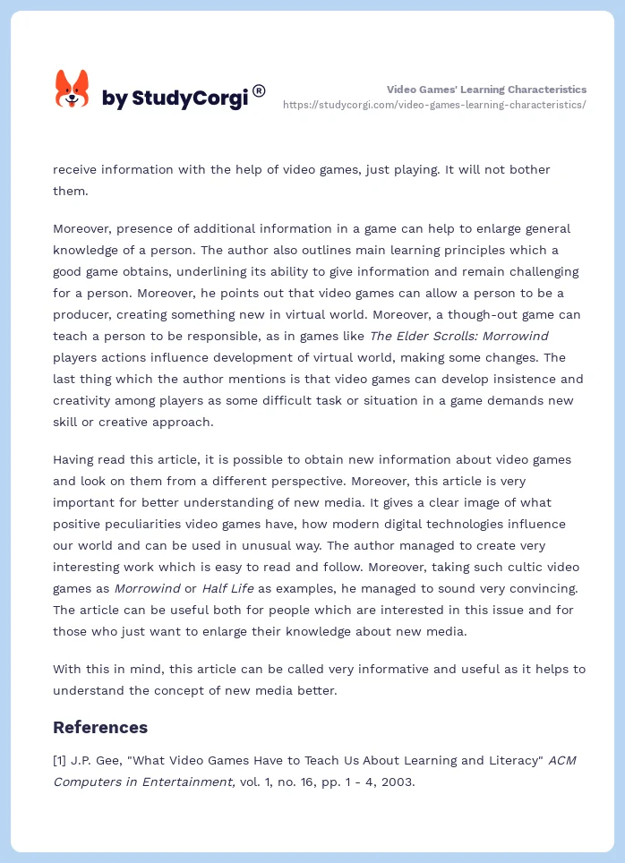 Video Games' Learning Characteristics. Page 2