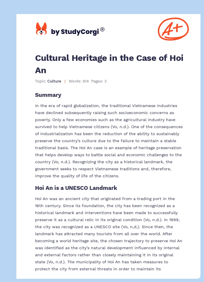 Cultural Heritage in the Case of Hoi An. Page 1