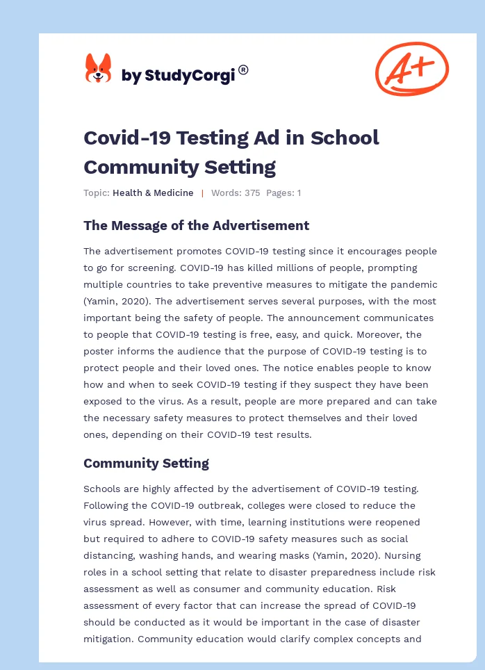 Covid-19 Testing Ad in School Community Setting. Page 1