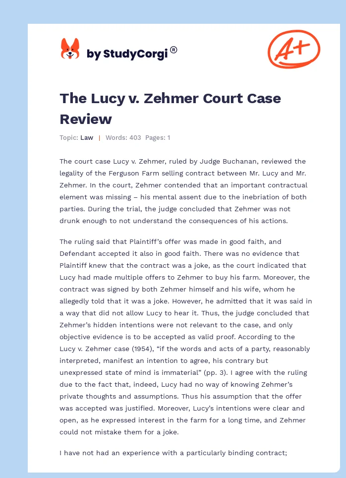 The Lucy v. Zehmer Court Case Review. Page 1