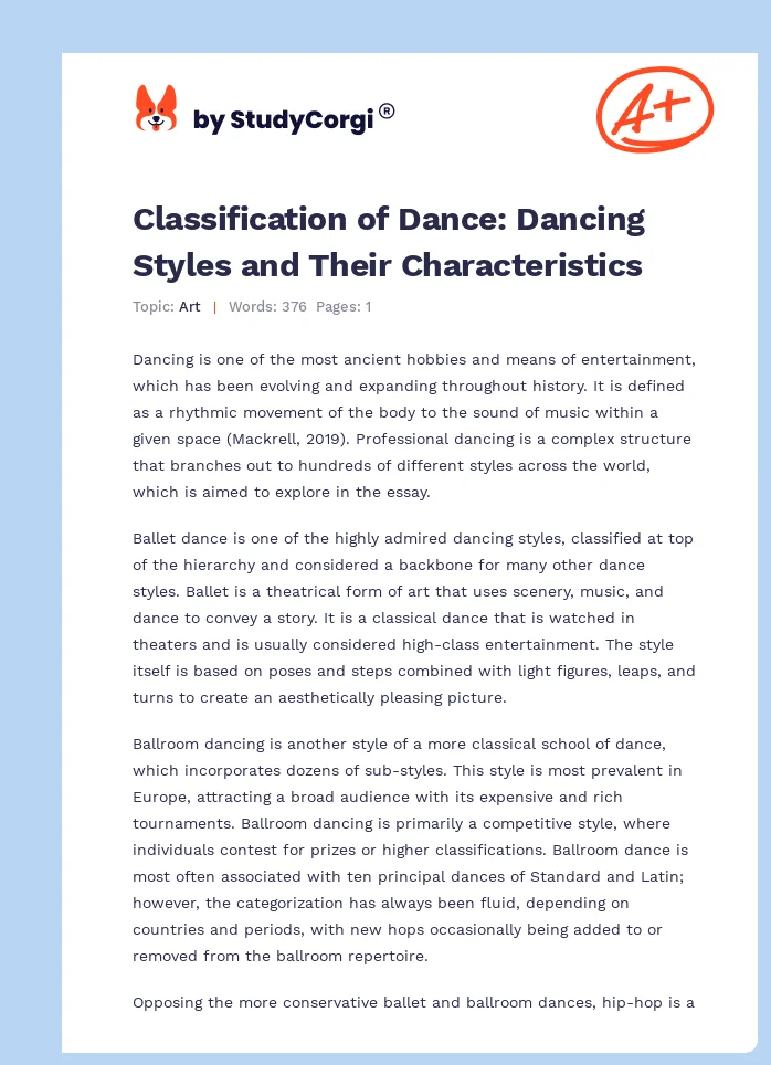 Classification of Dance: Dancing Styles and Their Characteristics. Page 1