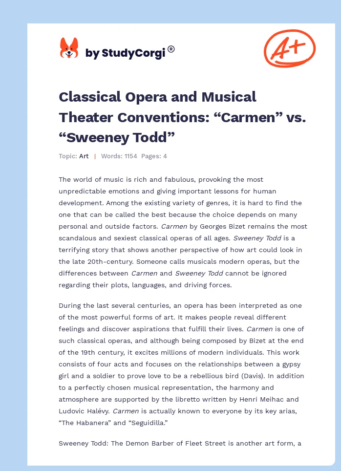 Classical Opera and Musical Theater Conventions: “Carmen” vs. “Sweeney Todd”. Page 1