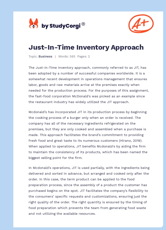 Just-In-Time Inventory Approach. Page 1