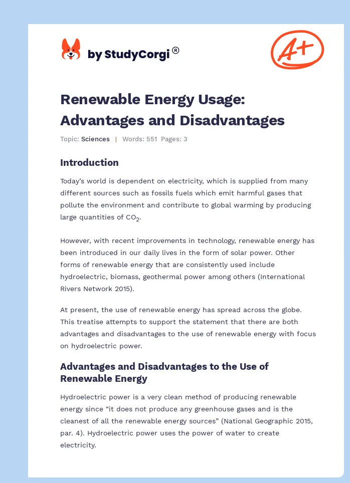 Renewable Energy Usage: Advantages and Disadvantages. Page 1