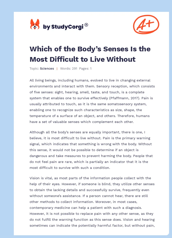 Which of the Body’s Senses Is the Most Difficult to Live Without. Page 1