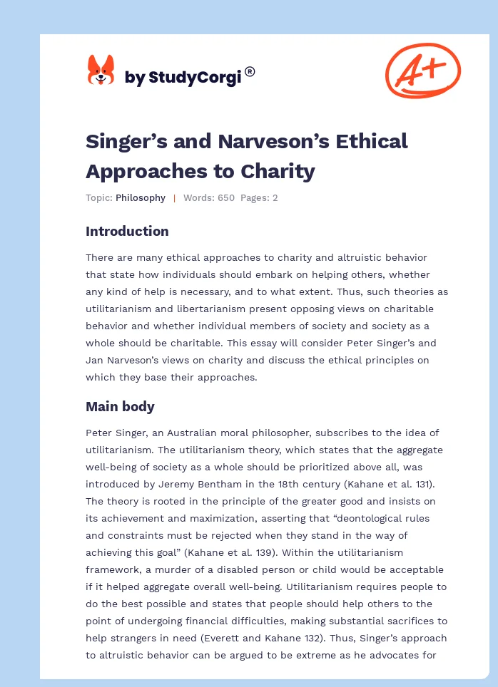 Singer’s and Narveson’s Ethical Approaches to Charity. Page 1