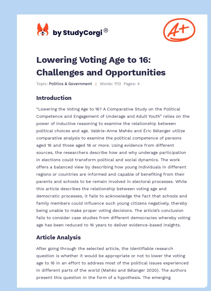 Lowering Voting Age to 16: Challenges and Opportunities. Page 1