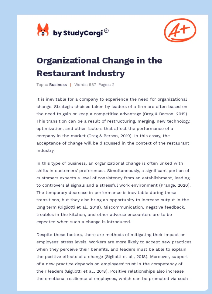Organizational Change in the Restaurant Industry. Page 1