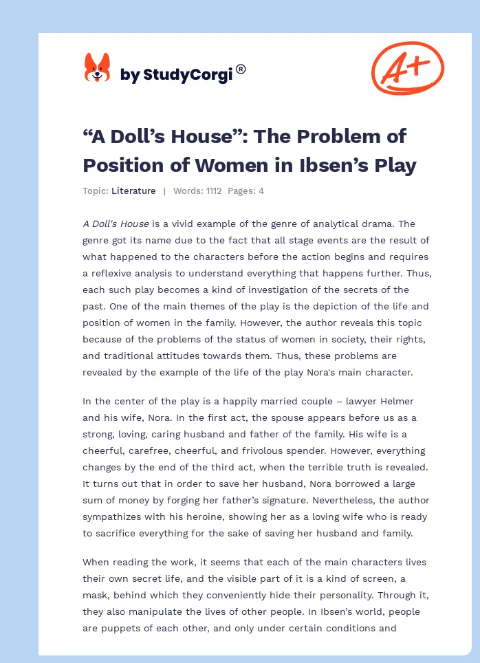 “A Doll’s House”: The Problem of Position of Women in Ibsen’s Play. Page 1