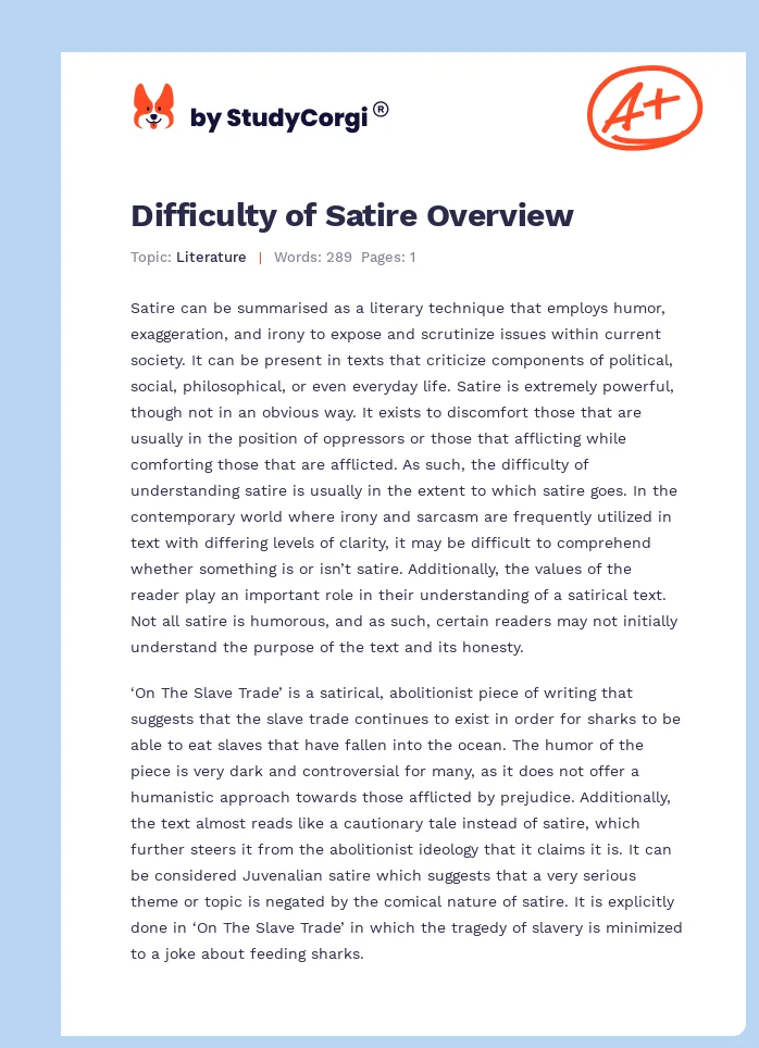 Difficulty of Satire Overview. Page 1