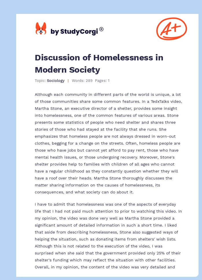 Discussion of Homelessness in Modern Society. Page 1