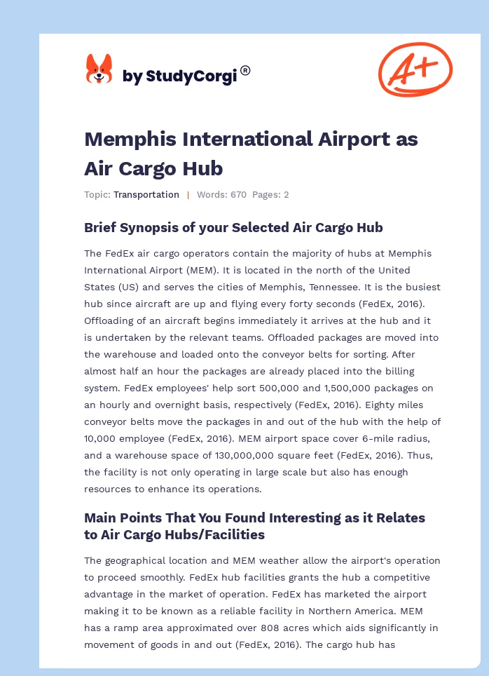 Memphis International Airport as Air Cargo Hub. Page 1