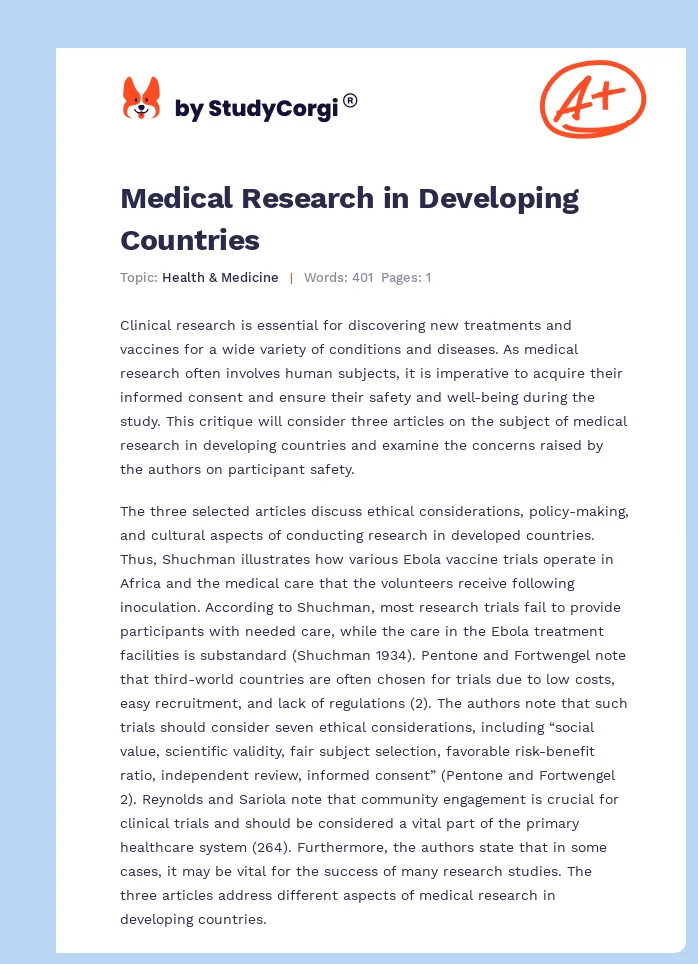 Medical Research in Developing Countries. Page 1