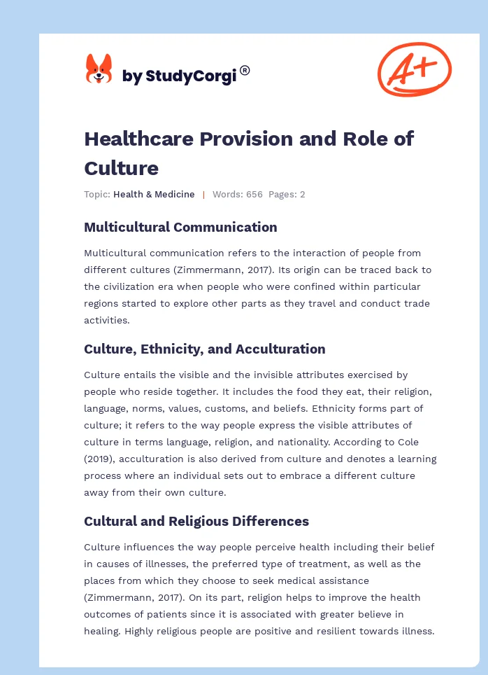 Healthcare Provision and Role of Culture. Page 1