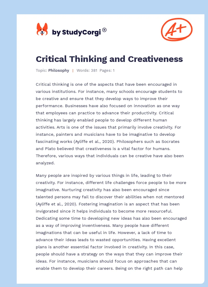 Critical Thinking and Creativeness. Page 1