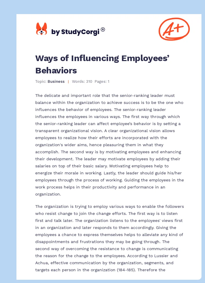 Ways of Influencing Employees’ Behaviors. Page 1