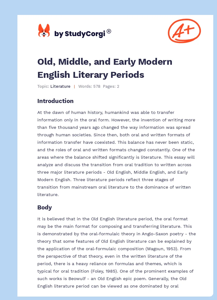 Old, Middle, and Early Modern English Literary Periods. Page 1