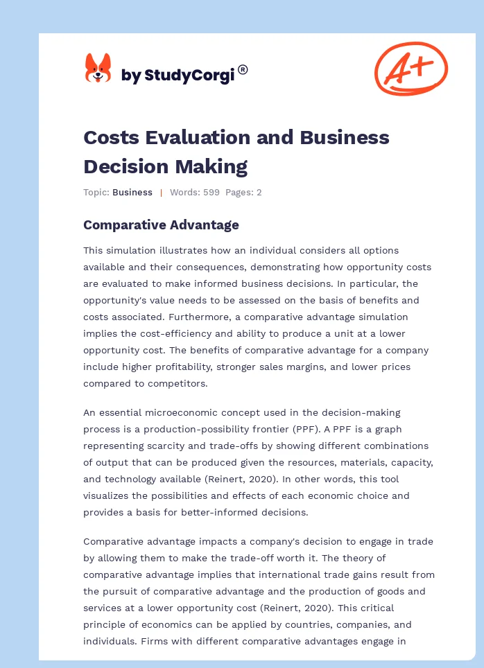 Costs Evaluation and Business Decision Making. Page 1