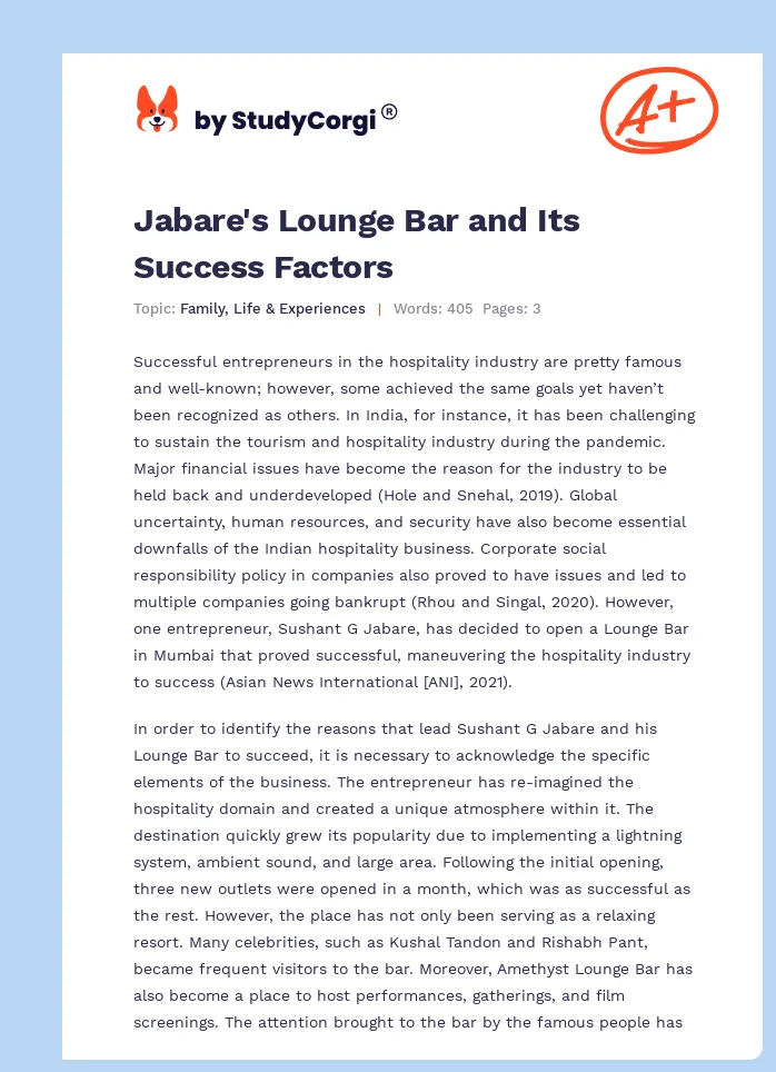 Jabare's Lounge Bar and Its Success Factors. Page 1