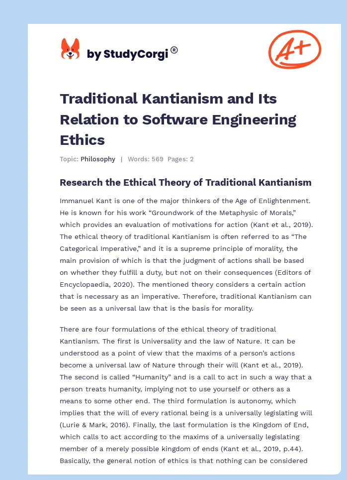 Traditional Kantianism and Its Relation to Software Engineering Ethics. Page 1