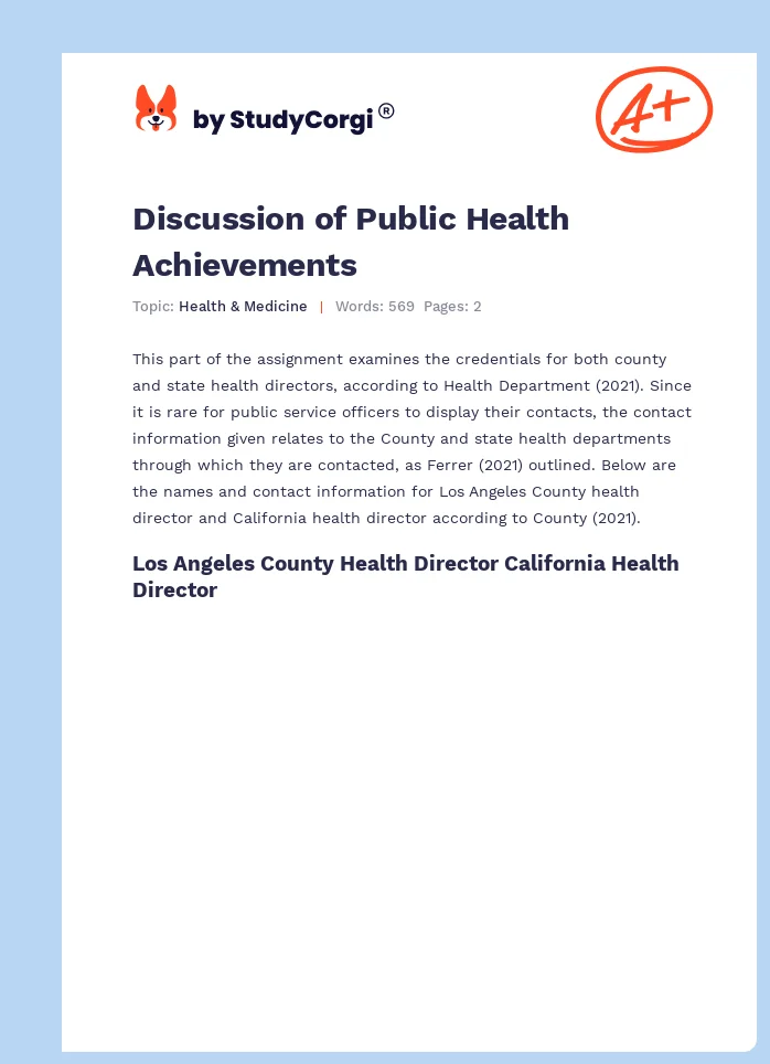 Discussion of Public Health Achievements. Page 1